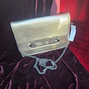 TOPSHOP Metallic Gold Foldover Crossbody Clutch Bag NWT Chain Strap